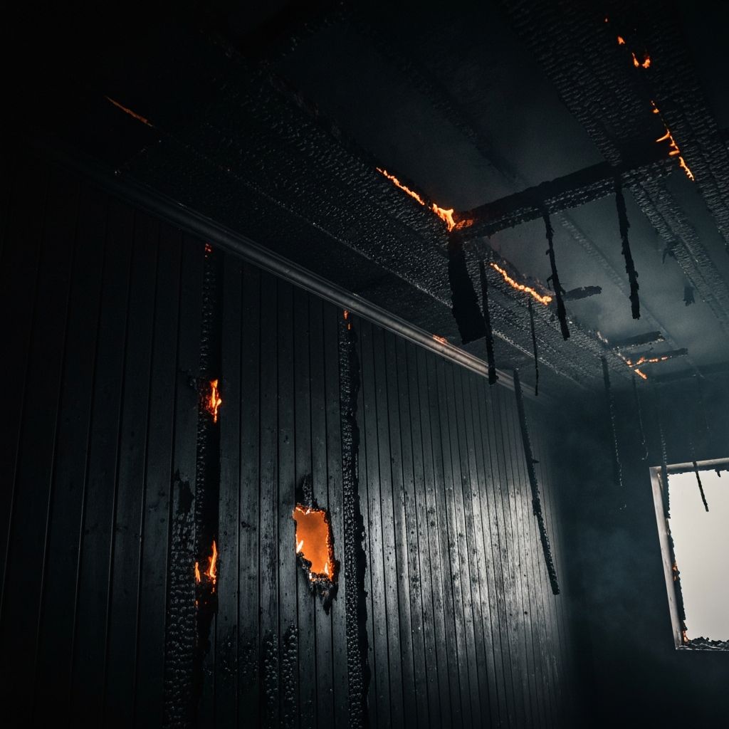 Severe fire damage with soot covering walls and ceiling requiring professional smoke damage restoration