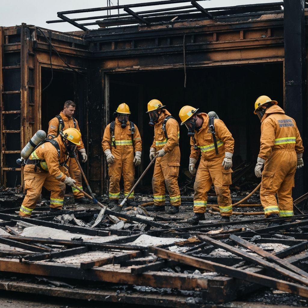 Professional fire restoration team in full PPE performing soot removal and structural cleaning