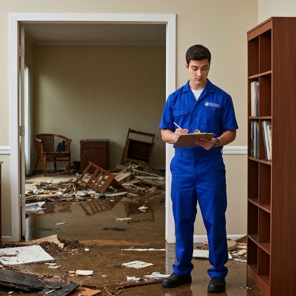 Restoration technician documenting flood damage with clipboard in water-damaged room