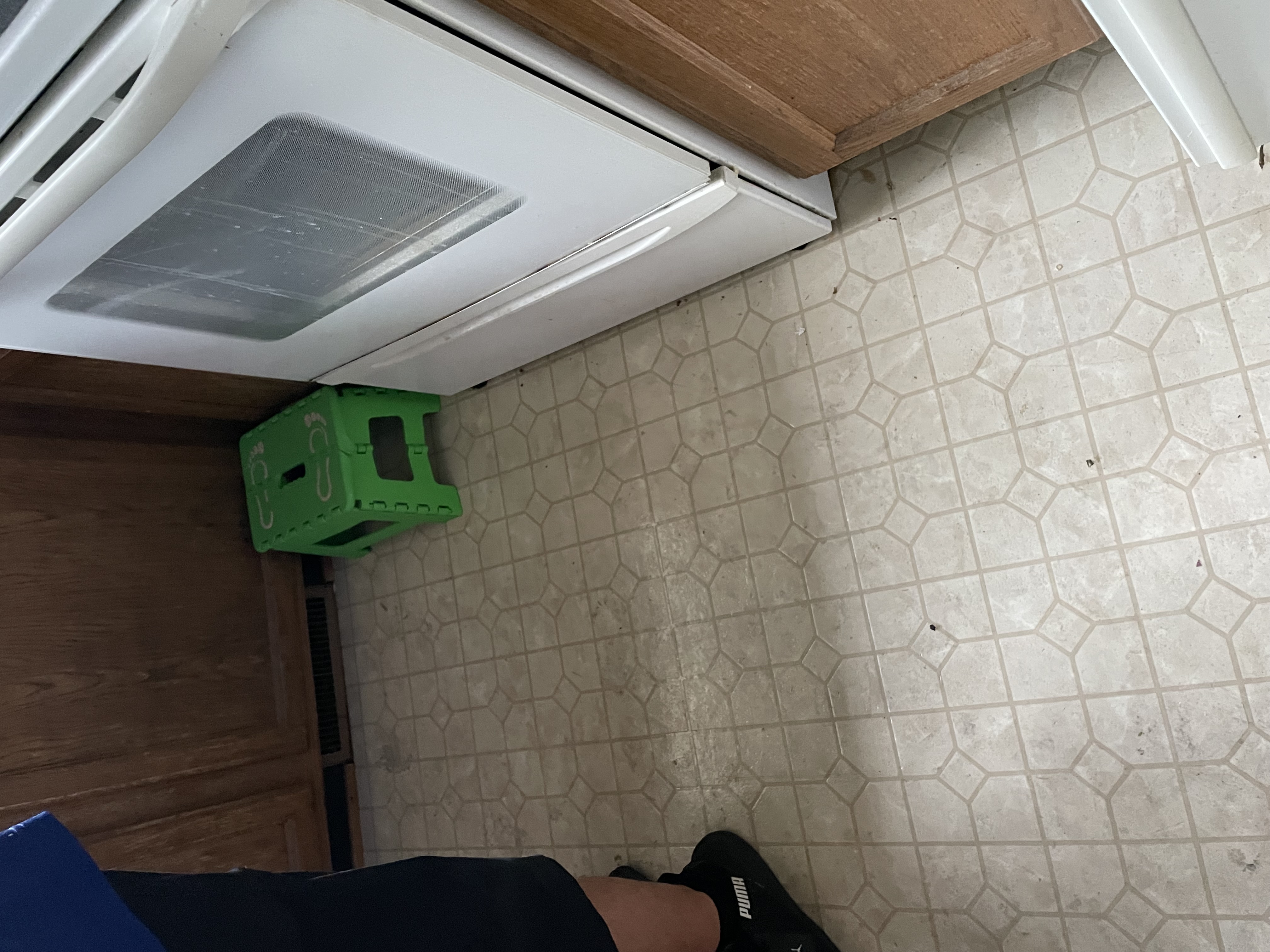 Kitchen floor with hexagonal tile pattern and green step stool showing water damage assessment area before restoration work begins