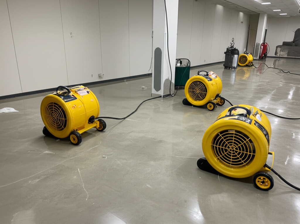 Multiple industrial air mover fans strategically positioned in commercial building for comprehensive structural drying