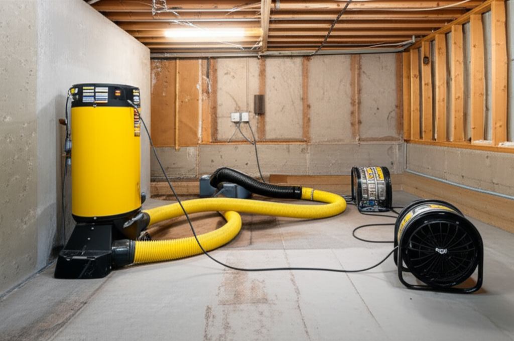 Basement structural drying equipment including dehumidifiers and air movers for comprehensive water damage restoration
