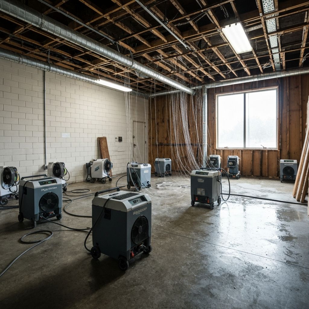 Industrial dehumidifiers and air movers drying water damaged room