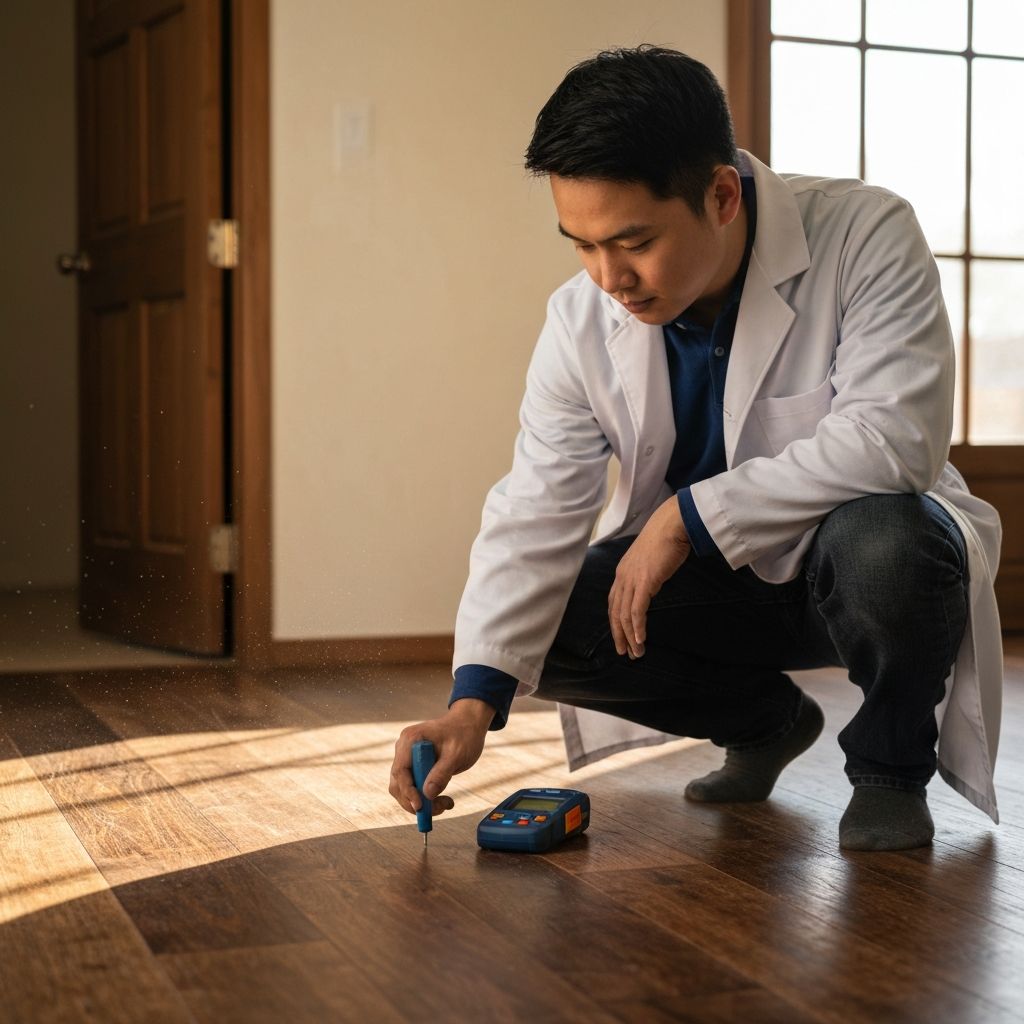 Technician using moisture meter on hardwood floor during drying