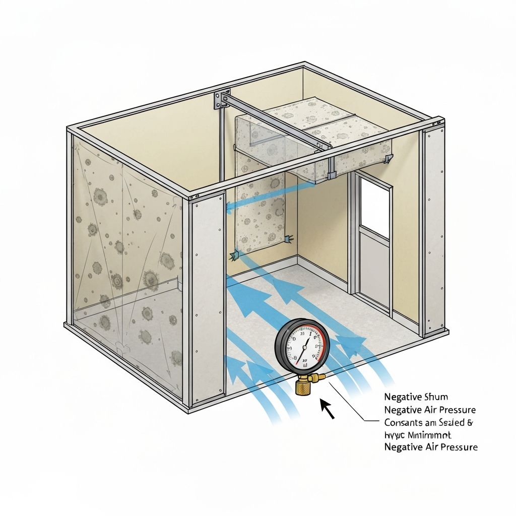 Mold remediation containment area with polyethylene barriers and negative air machines with HEPA filtration