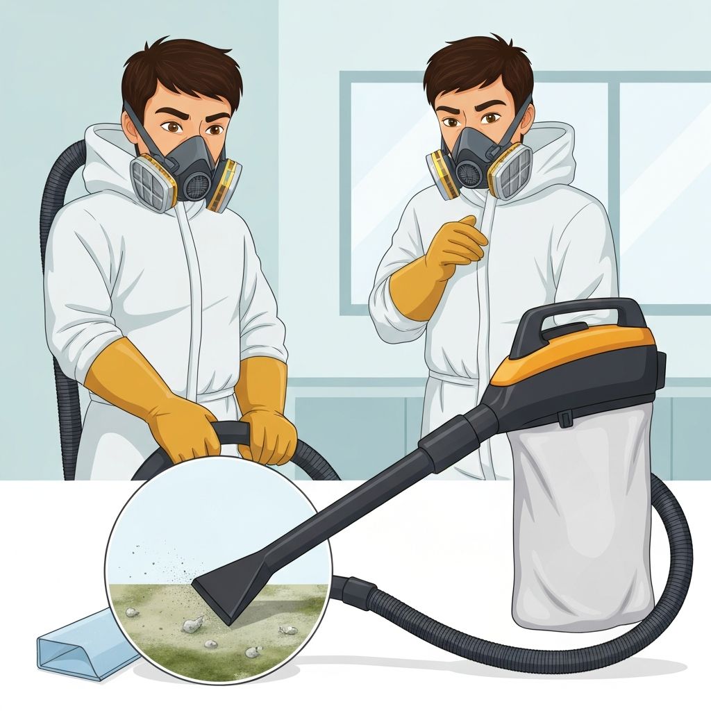 Mold remediation technician in full protective gear using HEPA vacuum for safe black mold removal