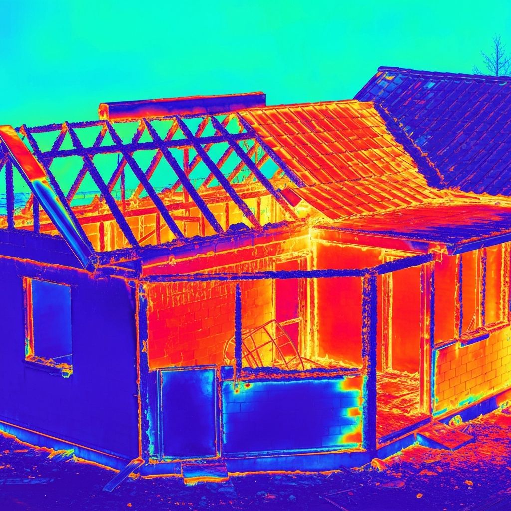 Thermal imaging camera detecting hidden hot spots and structural fire damage behind walls